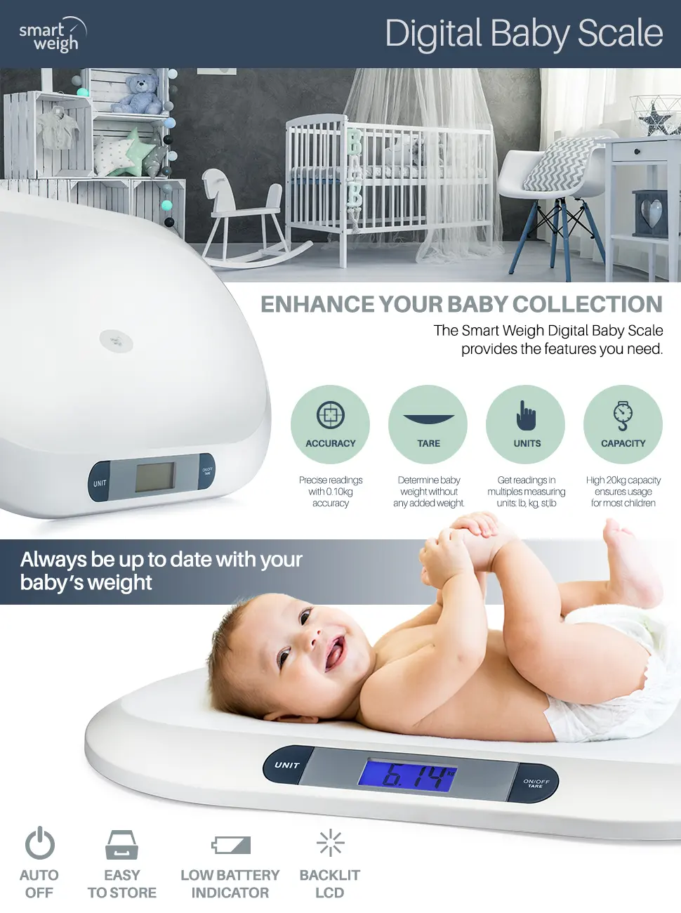 Smart Weigh Comfort Baby Scale, 44 Pound Capacity, 3 Weighing Modes, Accurate Digital Scale for Infants, Toddlers, and Babies - product information 1