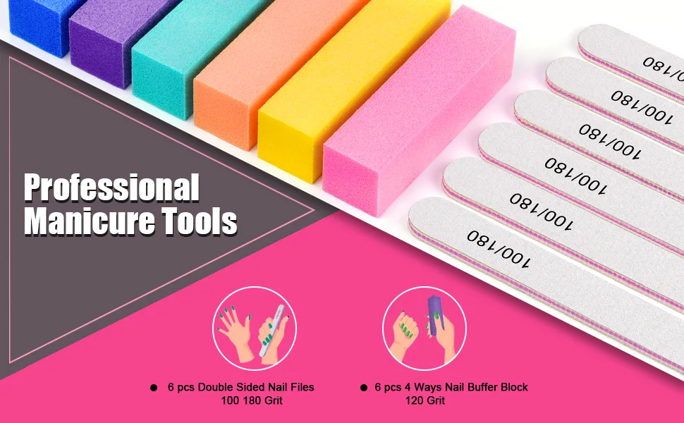 Nail Files and Buffer, TsMADDTs Professional Manicure Tools Kit Rectangular Art Care Buffer Block Tools 100/180 Grit 12Pcs/Pa(White) 6pcs White 100 180 Grit & 6pcs Buffer - product information 2