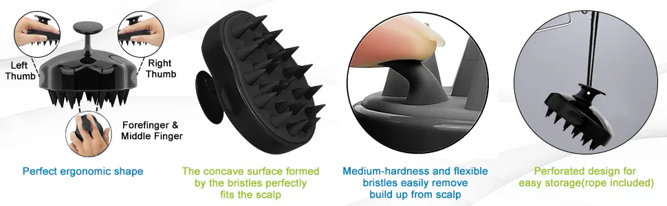 FREATECH Scalp Massager Shampoo Brush with Soft & Flexible Silicone Bristles for Hair Care and Head Relaxation, Ergonomic Scalp Scrubber/Exfoliator for Dandruff Removal and Hair Growth, Black - Oily Dry Normal Curly Fine Straight Wavy