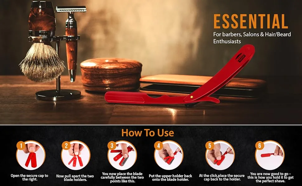 Utopia Care Professional Barber Straight Edge Razor Safety with 100-Pack Derby Blades - 100 Percent Stainless Steel (Red) - Razor