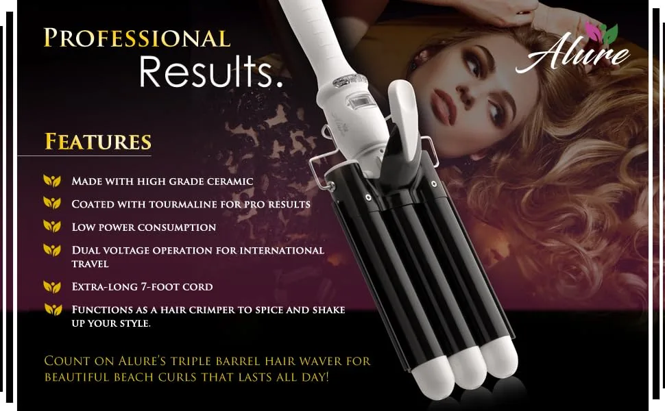 Alure Three Barrel Curling Iron Wand with LCD Temperature Display - 1 Inch Ceramic Tourmaline Triple Barrels, Dual Voltage Crimp (zBlack/White) - blackwhite hero