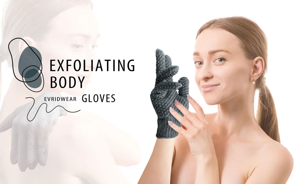 Evridwear Exfoliating Dual Texture Bath Gloves for Shower, Spa, Massage and Body Scrubs, Dead Skin Cell Remover, Gloves with Hanging Loop (1 Pair Gray Heavy Glove) - bath gloves heavy exfoliating
