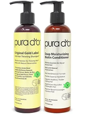 PURA D'OR Anti-Thinning Biotin Shampoo & Conditioner Set, DHT Blocker Hair Thickening Products For Women & Men, Natural Shampoo For Color Treated Hair, Original Gold Label, 8oz x 2 (Packaging varies) Herbal 8 Fl Oz (Pack o… - product information 1