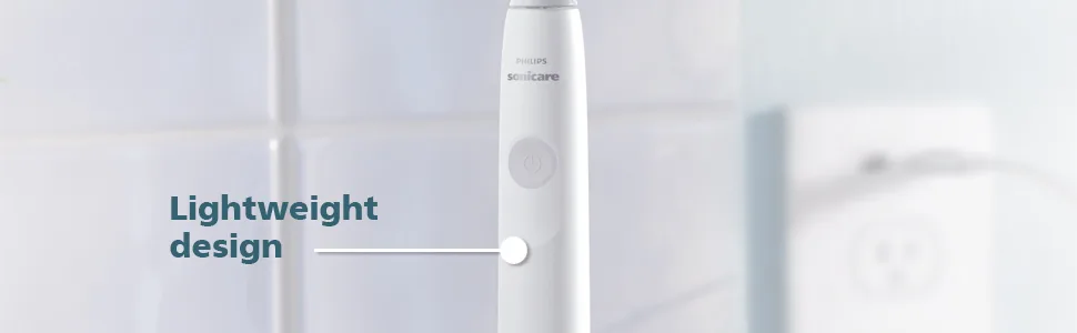 Philips Sonicare 1100 Power Toothbrush, Rechargeable Electric Toothbrush, White Grey HX3641/02 New 1100 - Shows white power toothbrush handle and describes benefits of the handle.