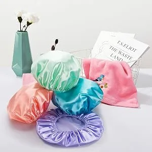 AmazerBath Shower Cap, 4-Pack Shower Caps for Women, Double Waterproof Layers Bathing Shower Hat Hair Protection EVA Shower Caps Reusable, Large Size Large Green- Purple- Pinkish-orange- Blue - picture
