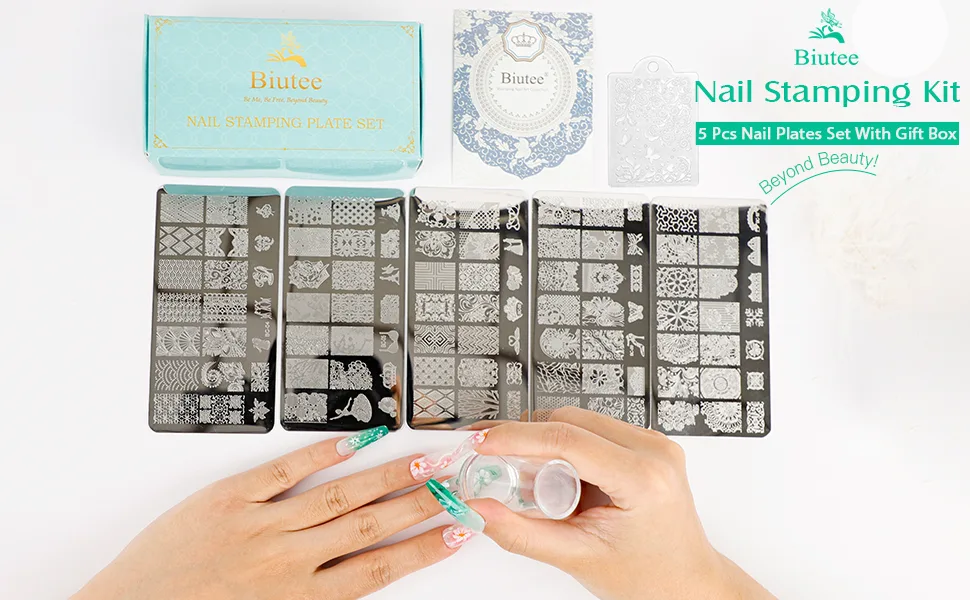Biutee 5PCS Nail Stamping Plates with Nail Art Stamper Scraper Gift Box Nail Stamp Template Kit Lace Flower Butterfly Nail Stamper Stencil Plates Nail Stamp Plate Kit Nail Image Plate 8 Piece Set - product information 2