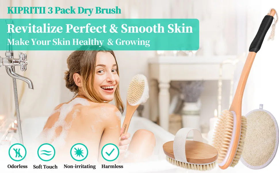 KIPRITII 3 Pack Value Set Includes Dry Brush for Exfoliating, Ergonomically Double-Sided Back Scrubber for Shower & Natural Loofah Pad, Back Shower Brush for Cellulite & Lymphatic - product information 1