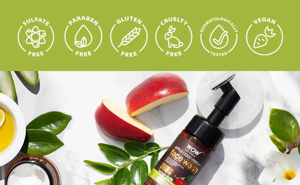 WOW Apple Cider Vinegar Exfoliating Face Wash, Soft, Foaming Cleanser, Hydrate, 100 ml - WOW Skin Science Apple Cider Vinegar Foam Exfoliating Face Wash & Brush