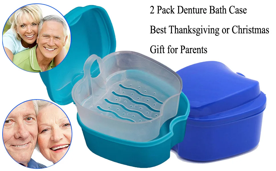 KISEER 2 Pack Colors Denture Bath Case Cup Box Holder Storage Soak Container with Strainer Basket for Travel Cleaning (Light Blue and Blue) - product information 6