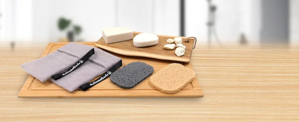 Soap Pocket Exfoliating Soap Saver Pouch | Body Scrubber Sponge, Exfoliator for Bath or Shower | for Large Bar Soap or Leftover Bits | White Smoke, 2 Pack + 2 Soap Lifting Pads - Black square