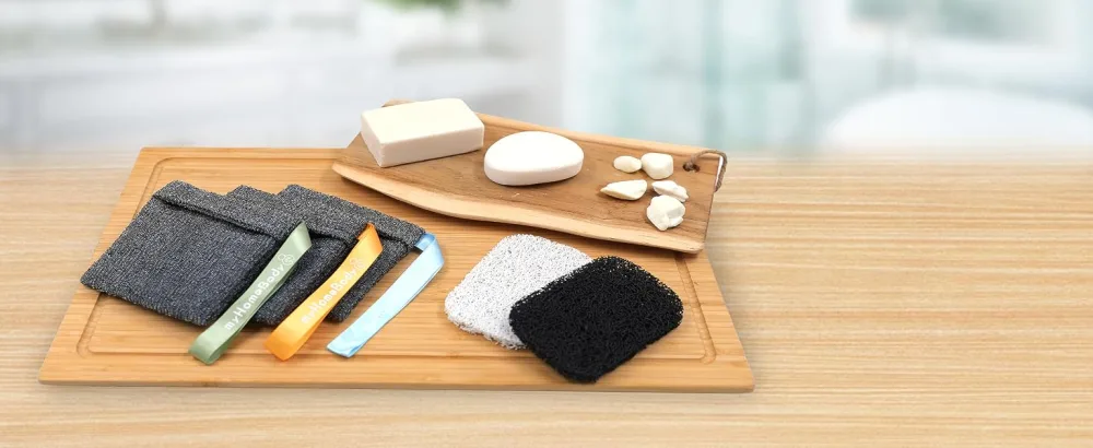 Soap Pocket Exfoliating Soap Saver Pouch | Body Scrubber Sponge, Exfoliator for Bath or Shower | for Large Bar Soap or Leftover Bits | White Smoke, 2 Pack + 2 Soap Lifting Pads - Black square