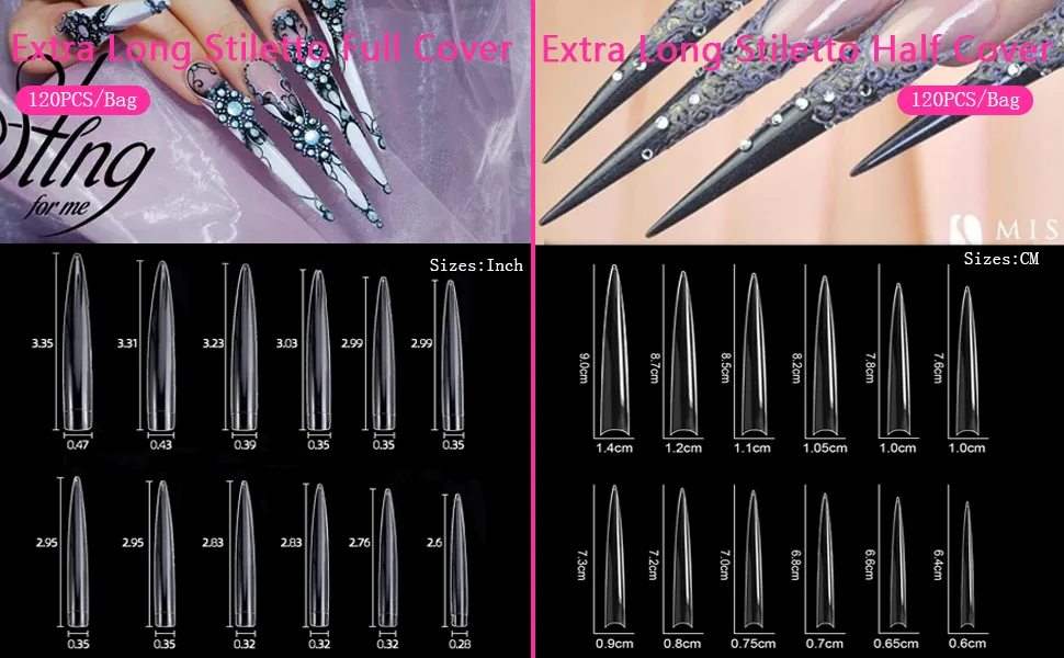 Vcedas 120PCS Extra Long Stiletto Half Cover Nail Tips Clear XXL Sharp False Nail Art Tips for Acrylic Nail (Bag) Clear #1(Half Cover) - stiletto nail tips