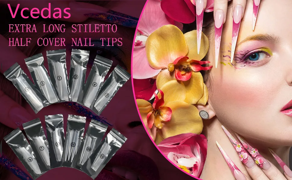 Vcedas 120PCS Extra Long Stiletto Half Cover Nail Tips Clear XXL Sharp False Nail Art Tips for Acrylic Nail (Bag) Clear #1(Half Cover) - XXL half cover tips