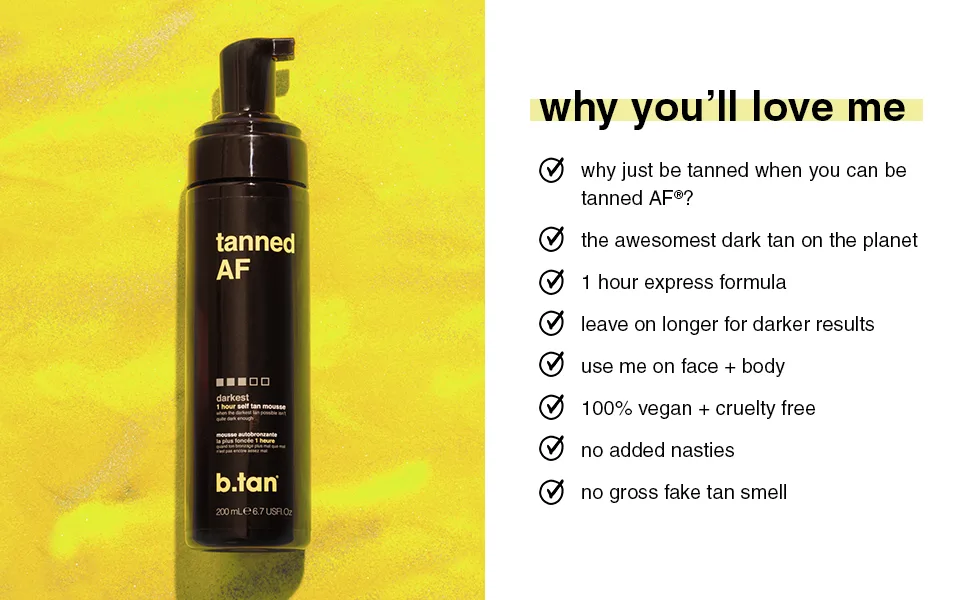 b.tan Ultra Dark Self Tanner Starter Kit | Get Tanned AF + Travel Bundle - Mini Dark Self Tan Mousse with Self Tanning Mitt Applicator, 100% Natural Sunless Tanner, Fast Fake Tan, Vegan & Cruelty Free - tanned AF self tanner features tan tanning sunless foam self tanners best sellers loving tan fake