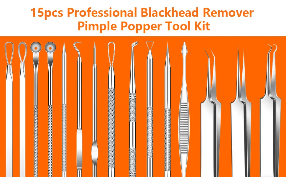 2022 Latest 15 PCS Blackhead Remover Tools, Pimple Popper Tool Kit, Acne Extractor Tool , Professional Stainless Pimple Acne Blemish Removal Tools Set with Metal Case Silver - product information 1