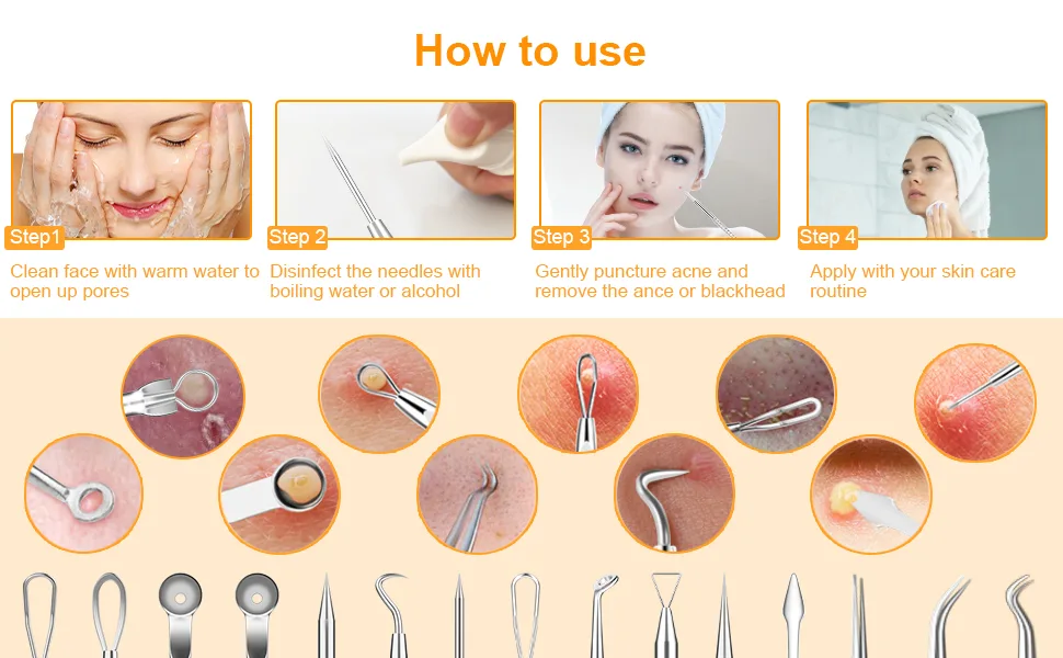 2022 Latest 15 PCS Blackhead Remover Tools, Pimple Popper Tool Kit, Acne Extractor Tool , Professional Stainless Pimple Acne Blemish Removal Tools Set with Metal Case Silver - product information 3