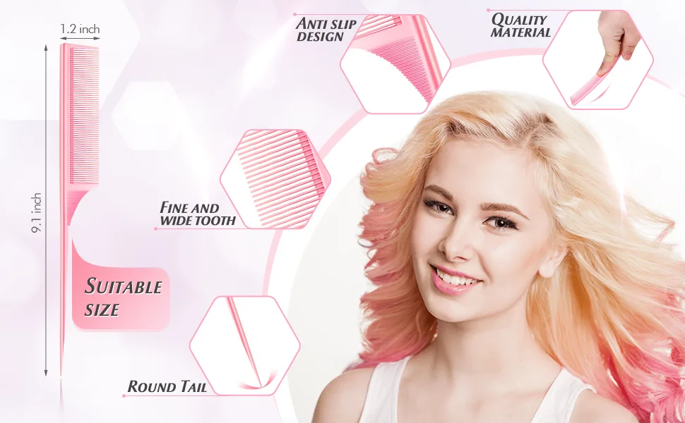 2 Pieces Rat Tail Fine Tooth Comb Carbon Fiber Teasing Styling Comb Anti Static Heat Resistant Tail Comb for Back Combing Root Teasing Adding Volume Evening Styling Women Men (Pink, Green) - product information 2