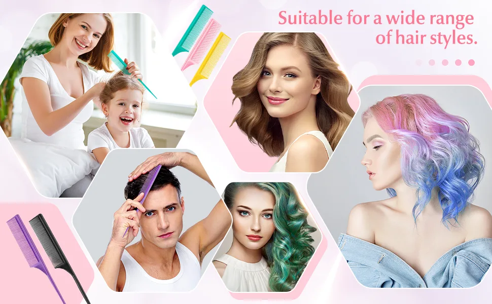 2 Pieces Rat Tail Fine Tooth Comb Carbon Fiber Teasing Styling Comb Anti Static Heat Resistant Tail Comb for Back Combing Root Teasing Adding Volume Evening Styling Women Men (Pink, Green) - product information 4