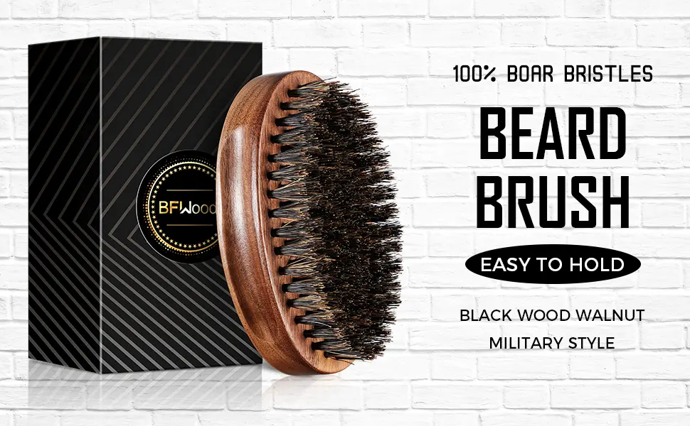 BFWood Boar Bristle Beard Brush - Black Wood Walnut Military Style - beard brush