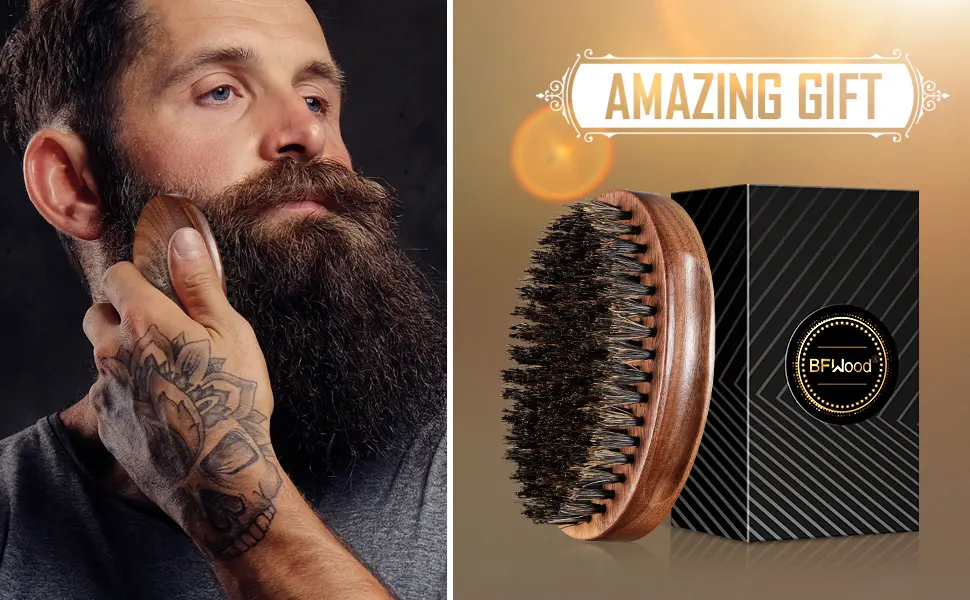 BFWood Boar Bristle Beard Brush - Black Wood Walnut Military Style - beard brush