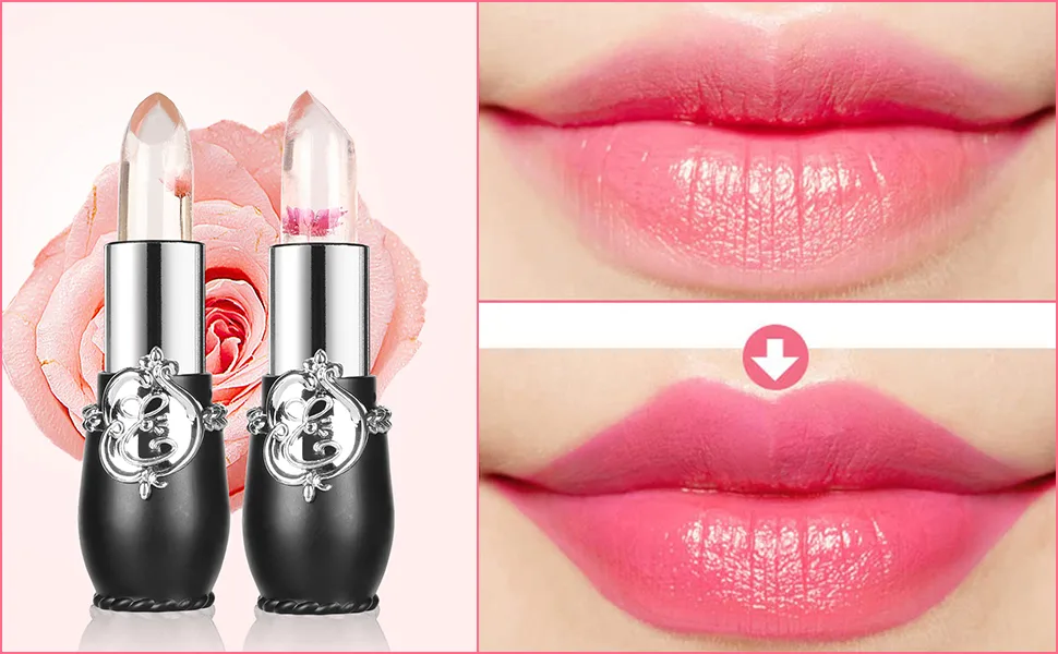 3 Pack Flower Jelly Lipstick Set Temperature Change Moisturizer Flower Lip Stick Long Lasting Nutritious Lip Balm Magic Color Change Lip Gloss Flower Black -01&02&03 - hjkh
