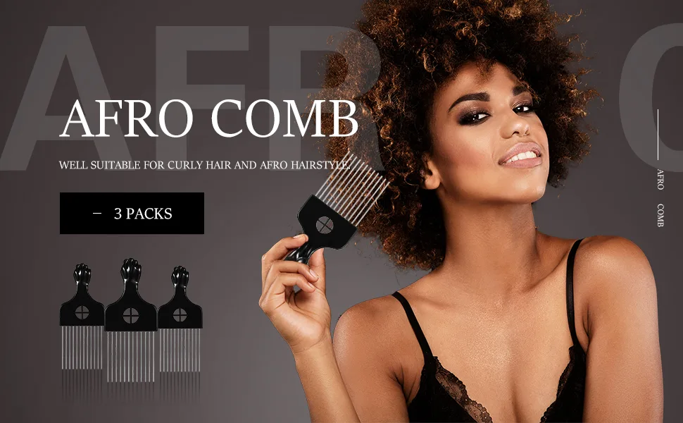 3 Packs Afro Pick Comb Metal Hair Pick Afro Braid Pick Hairdressing Detangle Wig Braid Hair Styling Comb Styling Tool - product information 2
