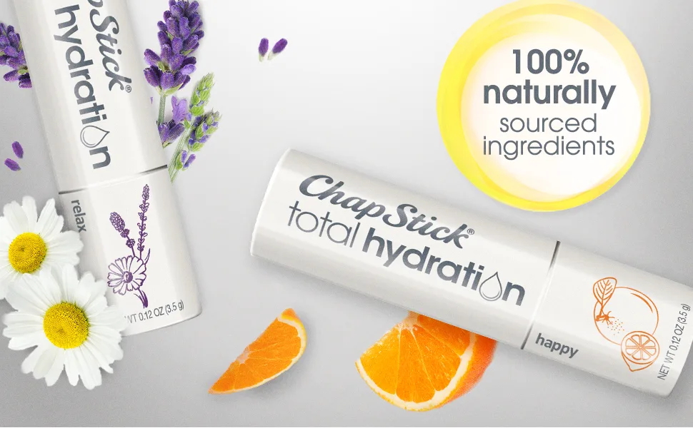 ChapStick Total Hydration, 100 Percent Natural Essential Oils Set - Collection of 4 Lip Balm Tubes 0.12 oz Each Variety Pack - 100% naturally sourced ingredients