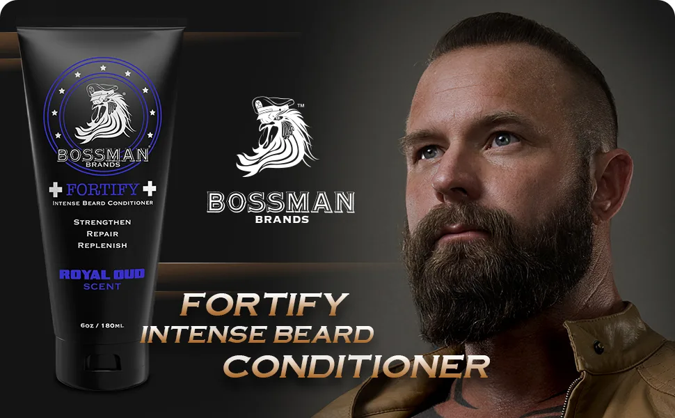 Bossman Fortify Intense Beard Conditioner - Shower Beard Wash, Moisturizer and Beard Softener for Men - Beard Growth Products - Made in USA (Royal Oud Scent) - Fortify Intense Beard Conditioner