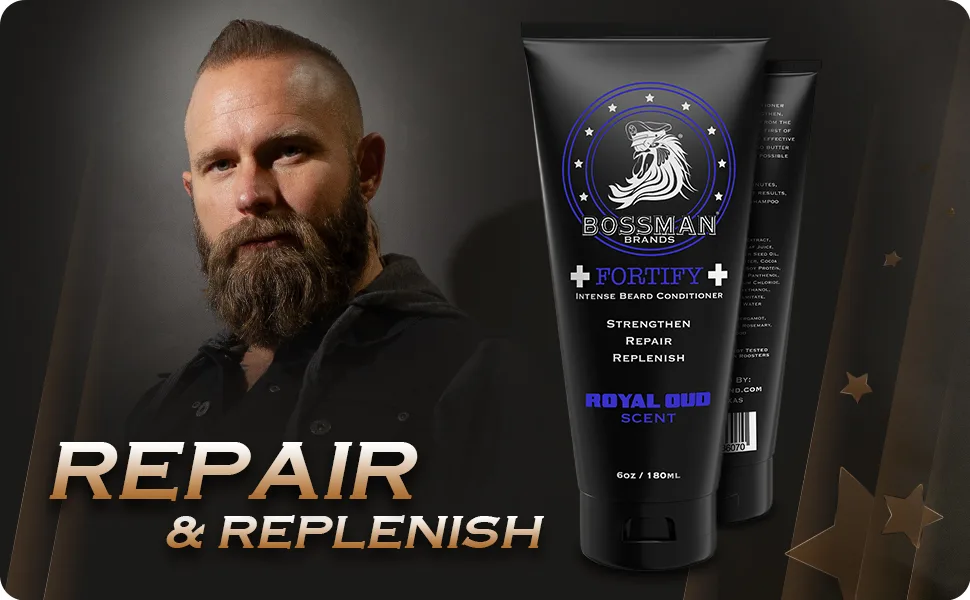 Bossman Fortify Intense Beard Conditioner - Shower Beard Wash, Moisturizer and Beard Softener for Men - Beard Growth Products - Made in USA (Royal Oud Scent) - Fortify Intense Beard Conditioner