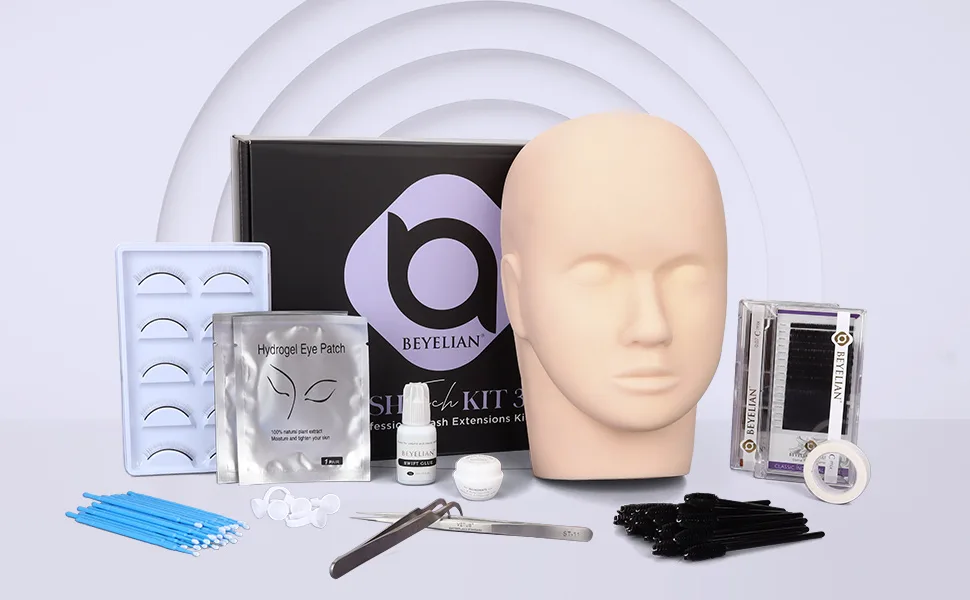 Eyelash Extension Kit,with lash Mannequin Head Lash Practice training kit Professional lash extension Teach supplies Tool for Lash Training by BEYELIAN advanced set - false eyelashes