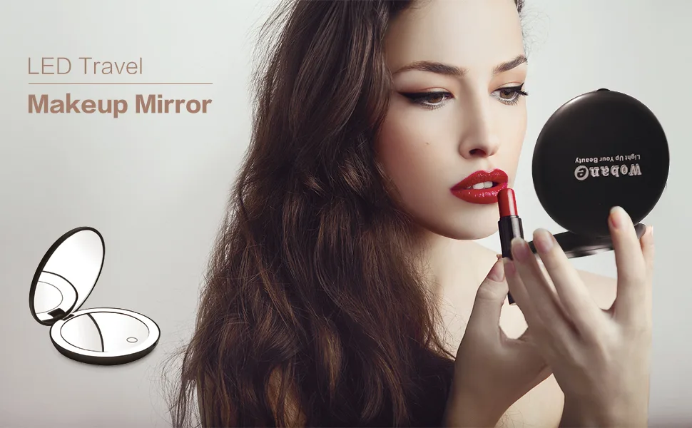 LED Compact Mirror, WOBANE Lighted Travel Mirror, 10X Magnifying, Handheld, Double Sided, Portable Makeup Mirror for Pocket, Purse, Gift, Black, 3.5 inch Round - compact mirror