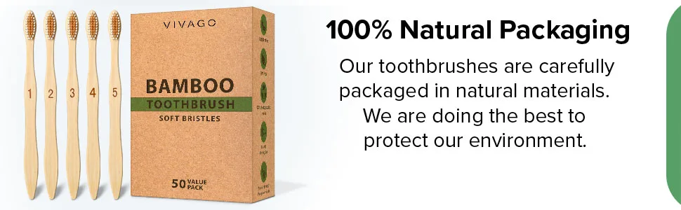 (50 Pack) VIVAGO Biodegradable Bamboo Toothbrushes Bulk Soft Bristles - Wooden & Natural Bamboo Bulk Toothbrush Individually Wrapped - Recyclable Toothbrushes Pack 50 Count (Pack of 1) - Natural package