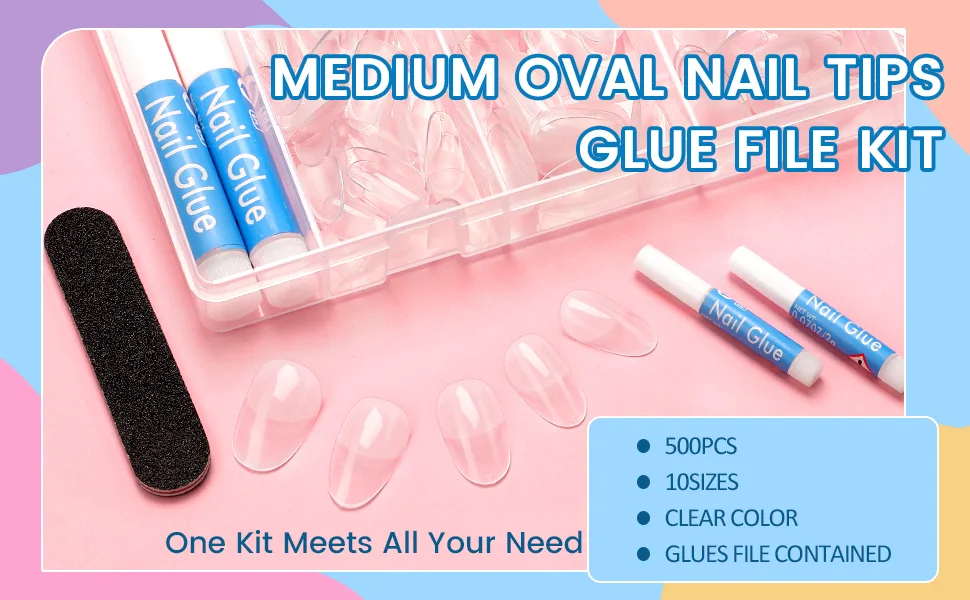 Oval Nail Tips Clear Nails - Ejiubas 505Pcs Pre-buff Fake Nails With Nail Glue, Ultra Fit & Natural False Nails, Nail Glues Nail File Contained Professional Extension with Case, 10 Size Medium Oval Nail Tips Kit Pre-buff - oval nail tips