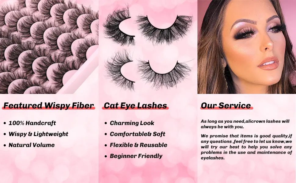 ALICROWN Eyelashes 6D Faux Mink Lashes Fluffy False Eyelashes 14 Pairs 2 Styles False Eyelashes Wispy Dramatic Lashes Soft Reusable Fake Eyelashes B-14Pairs - 2 Styles Cat Eye Lashes