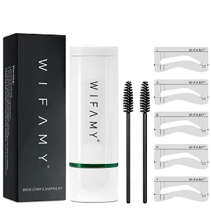 Eyebrow Stamp Stencil Kit, Brow Stamp and Shaping Kit- One Step Brow Stamp Makeup Powder with Mirror, Reusable Eyebrow Stencils,Shape Thicker and Fuller Brows, Waterproof Long Lasting (Light Brown) - WIFAMY EYEBROW STAMP STENCIL KIT