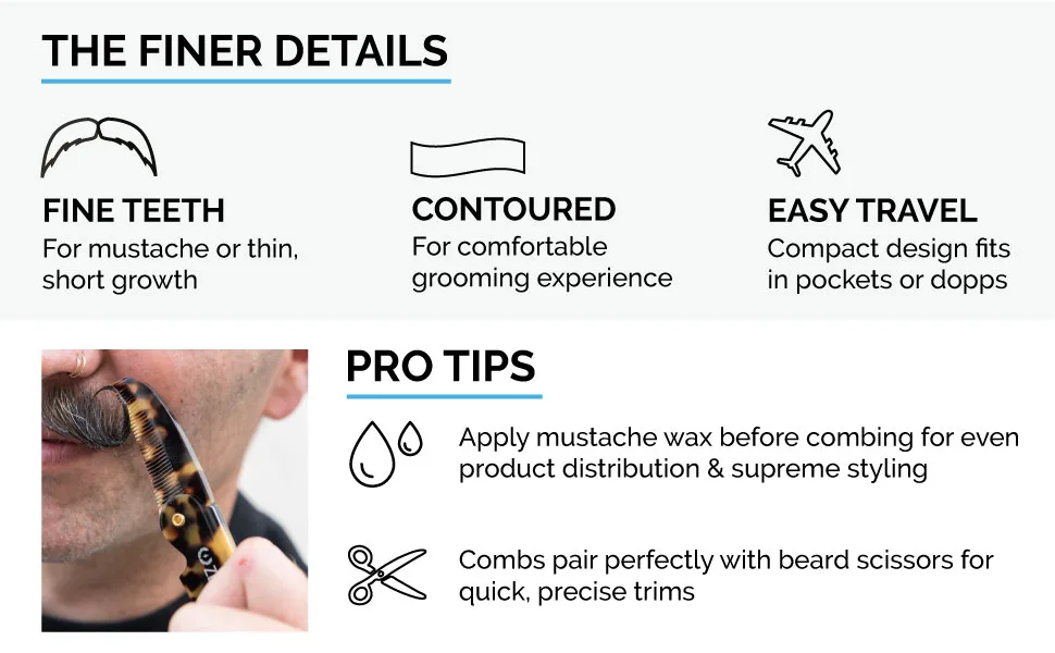 ZEUS Folding Mustache Comb, Handmade Saw-Cut Best Moustache Pocket Comb - (2 Pack - Traditional/Tortoiseshell) - fine teeth for mustaches contoured for comfort and small compact size