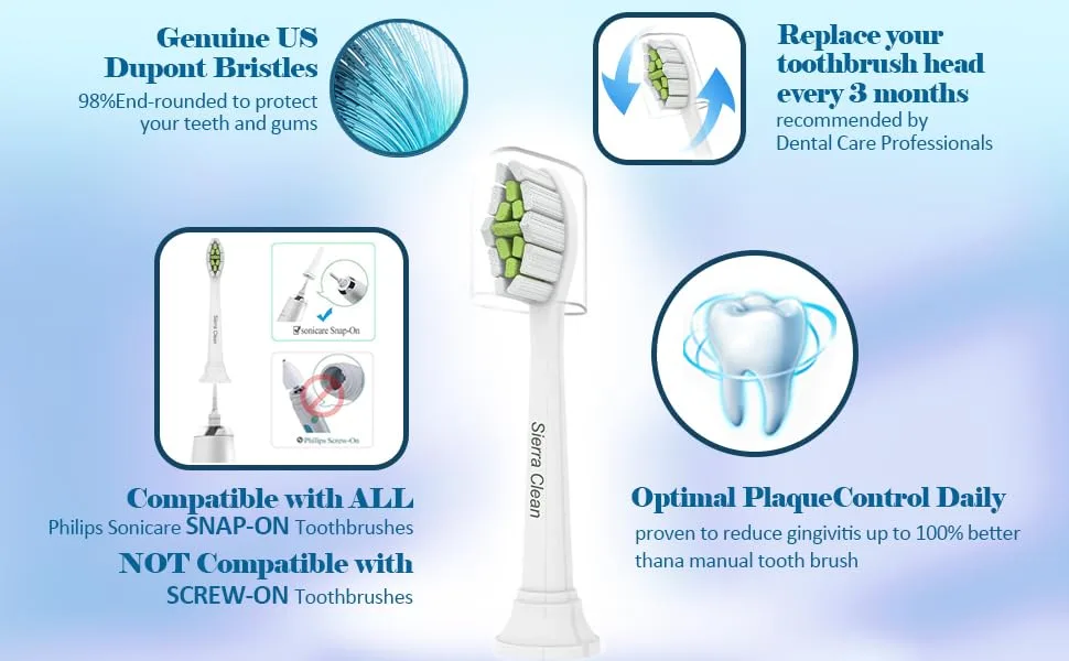 Sierra Clean Replacement Toothbrush Heads Compatible with Sonicare DiamondClean HX6063/65, 10 Pack White - product information 2