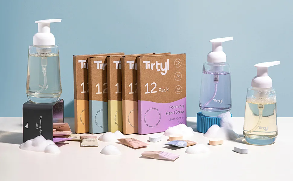 Tirtyl Smart Soap Refills - Foaming Hand Soap Tablet 12 Pack - 96 fl oz total (makes 12x 8 fl oz bottles of soap) - Cleansing & Moisturizing - Compostable Packaging - Peach & Lychee - Tirtyl Foaming Hand Soap