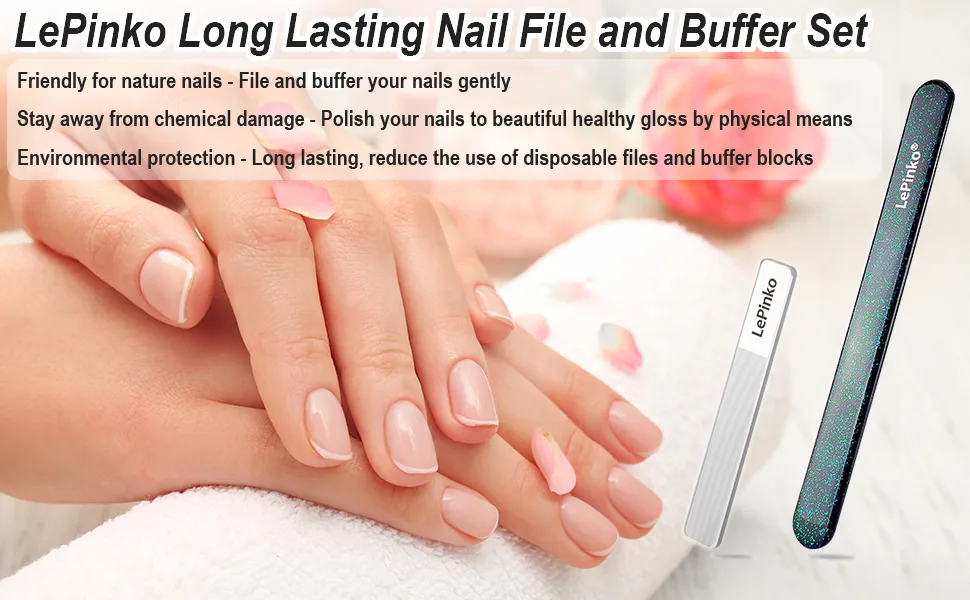 Long Lasting Nail File and Buffer Set, 1 Diamond Metal Nail File with 1 Nano Glass Nail Buffer, Professional Manicure Tools Kit for Home and Salon Use - LePinko long lasting nail file and buffer set