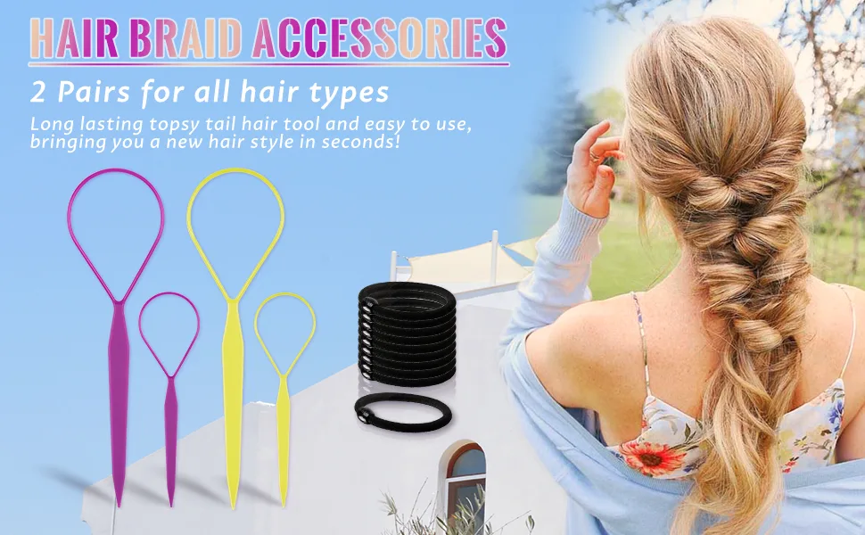 Topsy Tail Hair Tools,TsMADDTs 4 Pcs Hair Loop Styling Tool Topsy Tail Loop French Braid Loop Tool Topsy Tail Kit with 10pcs Hair Ties, 2 Colors Purple&Yellow - product information 2
