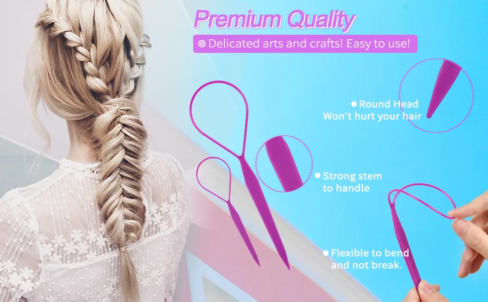 Topsy Tail Hair Tools,TsMADDTs 4 Pcs Hair Loop Styling Tool Topsy Tail Loop French Braid Loop Tool Topsy Tail Kit with 10pcs Hair Ties, 2 Colors Purple&Yellow - product information 3