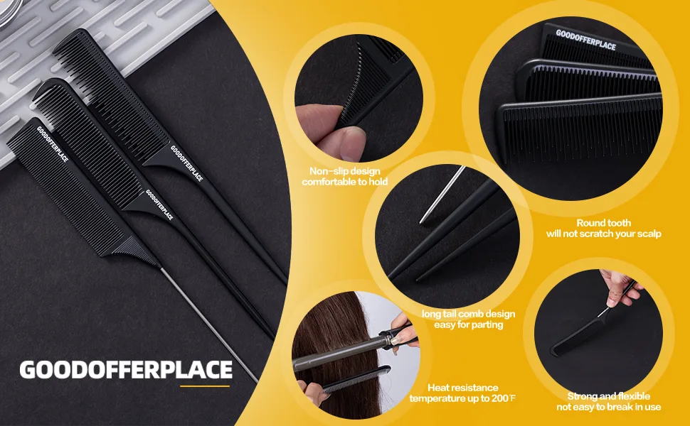 Goodofferplace 3 sytle Rattail Styling combs Pintail comb Parting combs Teasing combs hair combs for women(3 Pack) Black2 3 Count (Pack of 1) - product information 2