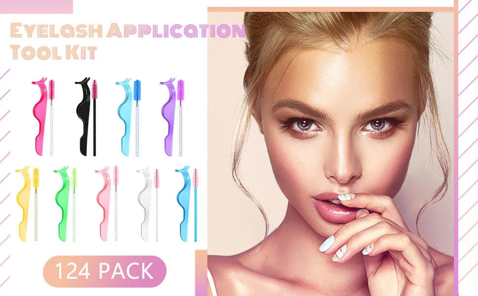 24 Pieces Plastic Eyelash Extension Tweezers False Eyelash Applicator Tool Eyelash Auxiliary Clip and 100 Pieces Eyelash Brush Mascara Wands Applicator for Eyelash Application (Rose Red) - product information 2
