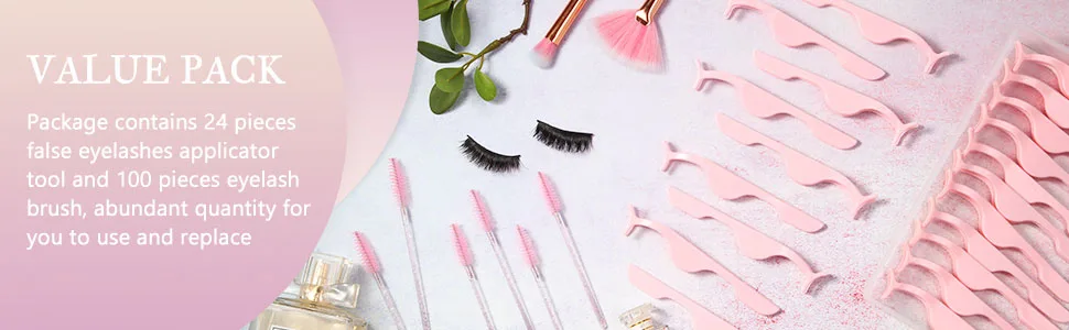 24 Pieces Plastic Eyelash Extension Tweezers False Eyelash Applicator Tool Eyelash Auxiliary Clip and 100 Pieces Eyelash Brush Mascara Wands Applicator for Eyelash Application (Rose Red) - product information 3