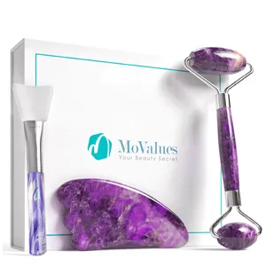 Authentic Amethyst Roller and Gua Sha Set - Jade Roller for Face - Face Roller: 100% Natural Amethyst - Face Massager, Facial Roller for Skin, Eyes, Neck - Authentic, Durable, Natural, No Squeaks - amethyst roller