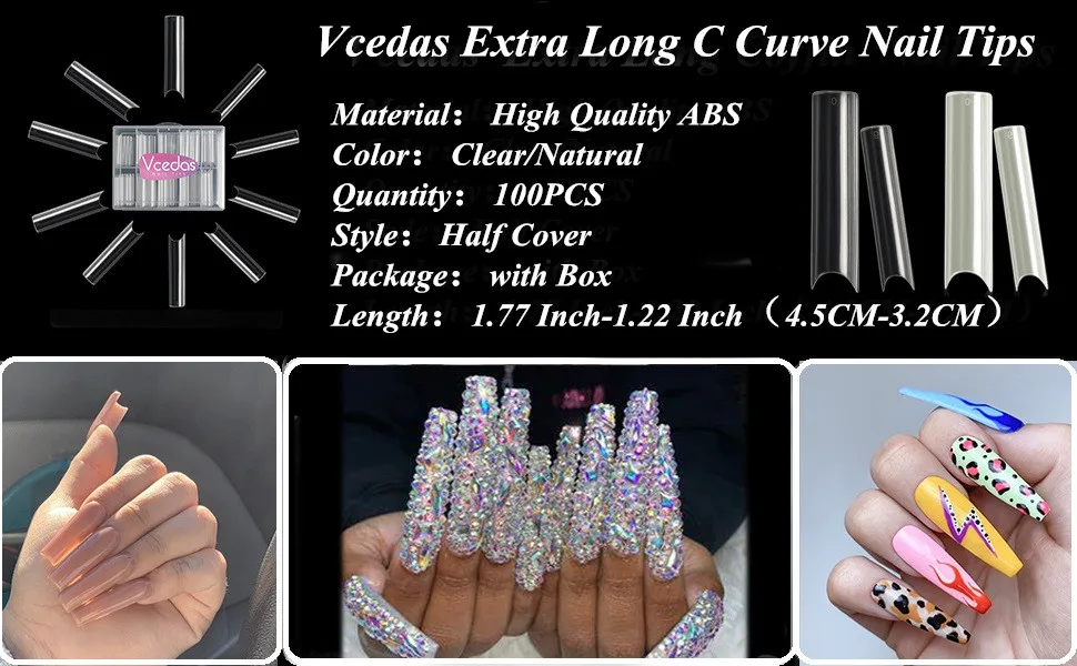 Extra Long C Curve Half Cover Nail Tips Vcedas 100PCS Deep C/U Curved Square Shape French False Nail Tips with Box(Clear) - super long false nail