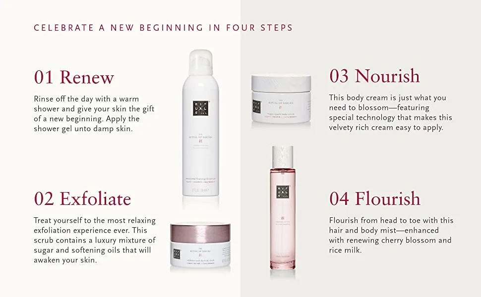 RITUALS Sakura Renewing Gift Set - Foaming Shower Gel, Body Scrub, Body Cream & Hand Soap with Cherry Blossom & Rice Milk - Small - product information 2