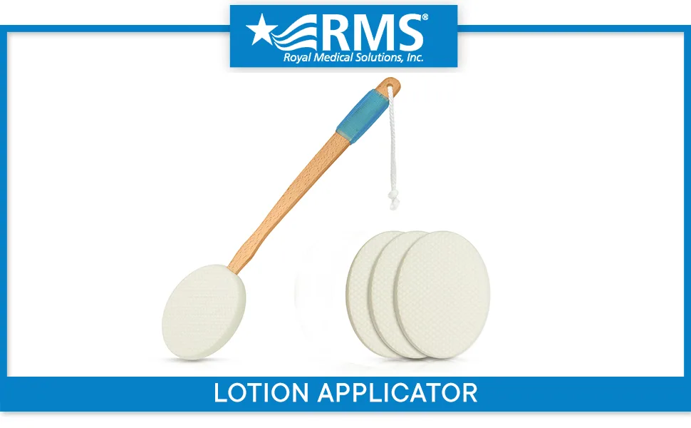 RMS 17.5" Long Lotion Applicator with 4 Pads - Long Handle for Easy Reach and Self Application of Body Wash - Shower Brush for Both Men and Women (Travel Bag Included) - Back lotion sunscreen applicator with long handle
