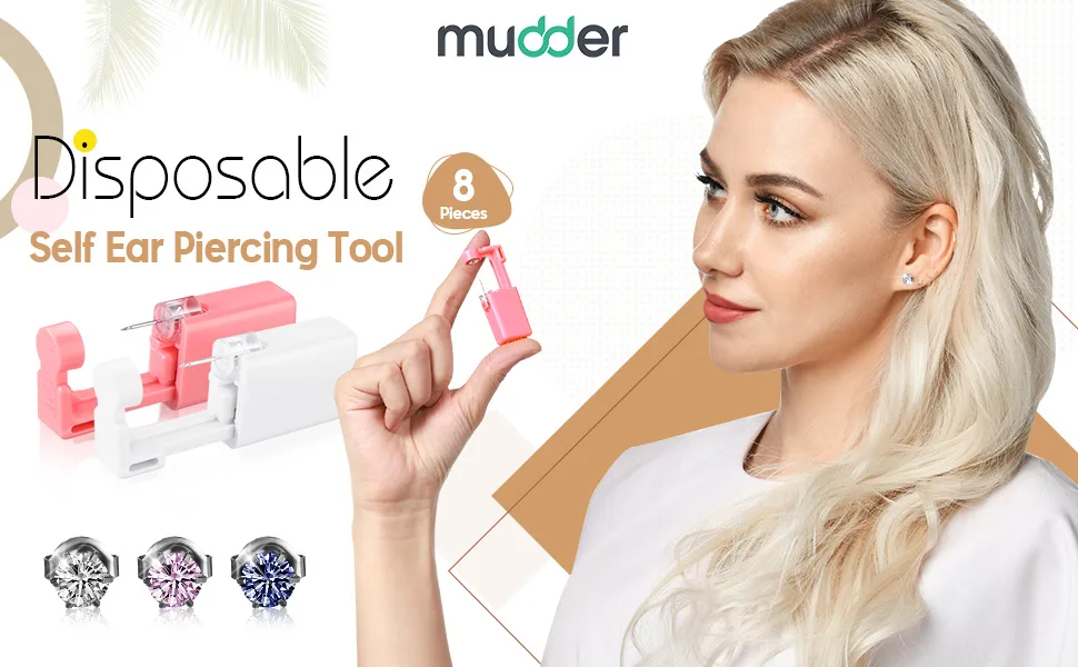 8 Pieces Self Ear Piercing Tool Disposable Ear Piercing Kit Safety Portable Ear Nose Mouse Piercing Tools with Crystal Ear Studs (White) - product information 1