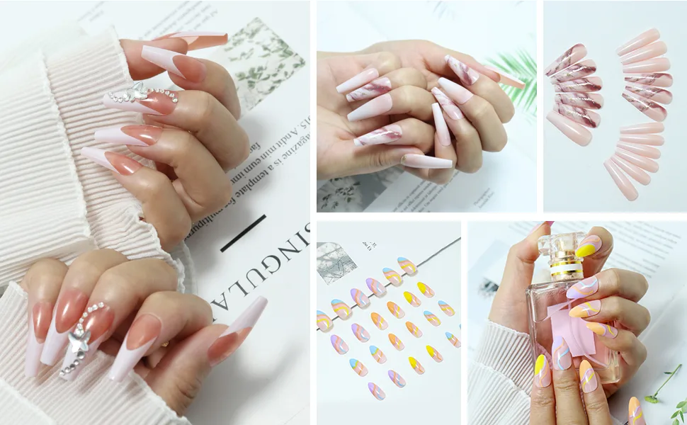 4 Packs (96 Pcs) Press on Nails Long Design, Misssix Fake Nails Long and Medium Glue on Nails Set with Adhesive Tabs Nail File for Women - press on nails